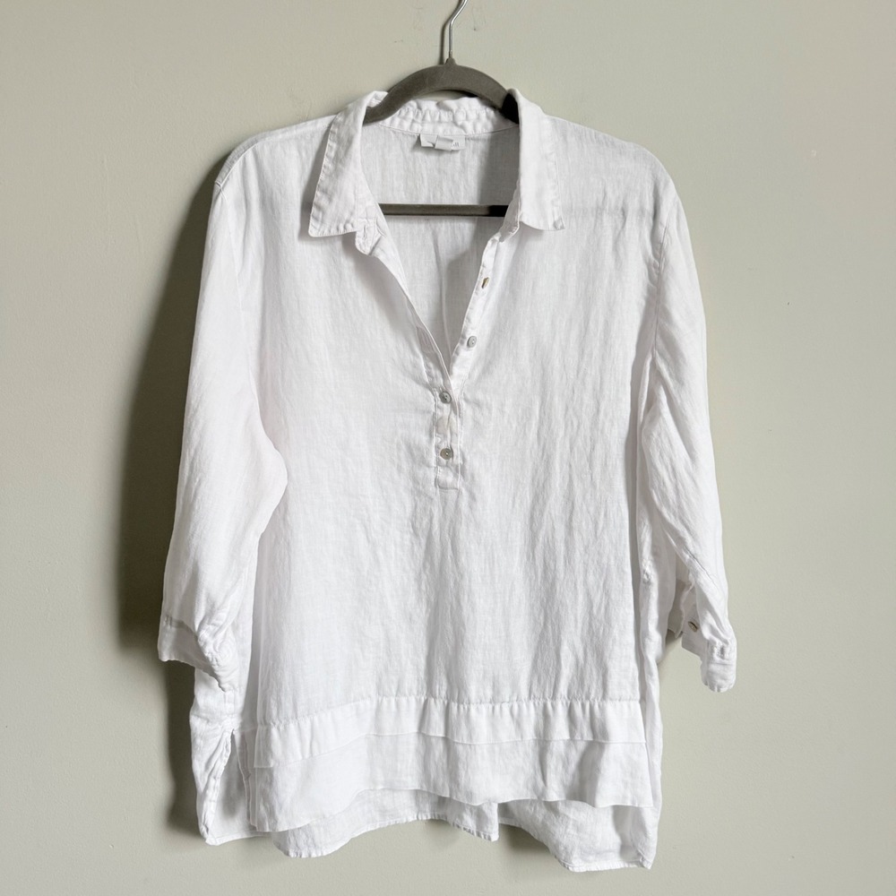 J. Jill Love Linen White Tunic Blouse XL Petite Ruffle Hem 3/4 Sleeve Top